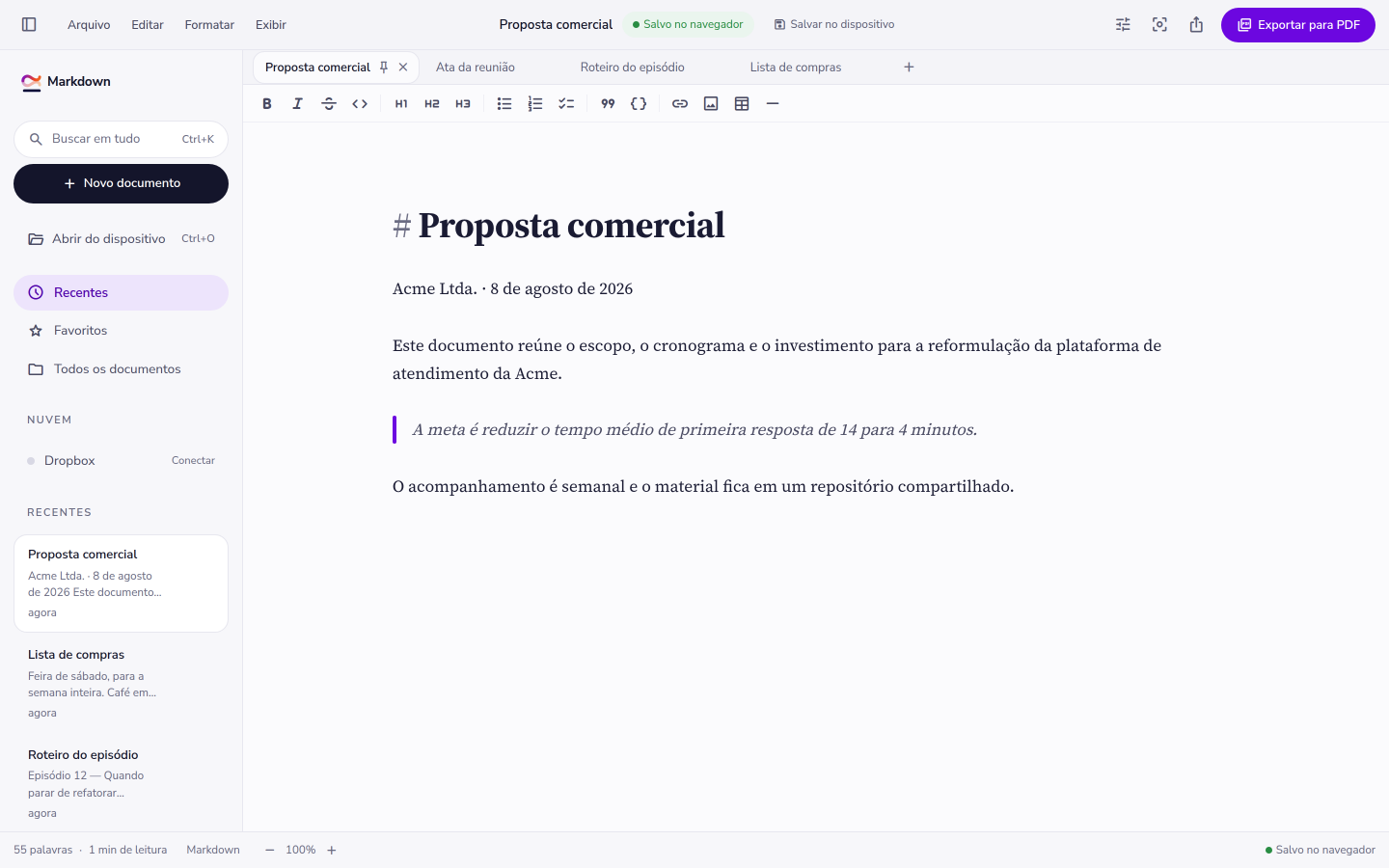 O editor com um documento aberto: barra de abas em cima, lista de documentos à esquerda e o texto na coluna central.
